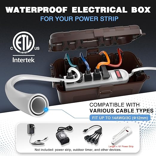 Flemoon Medium Outdoor Waterproof Electrical Box, for Power Strip | 11.5x5.2x4inch, IP54 Extension Cord Cover w/6 Cable Entry Ports, Weatherproof Connection Box for Timer, Holiday Lights, Brown