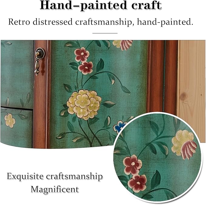 Solid Wood Storage Chest Dresser - Storage Cabinet with 3 Drawers 2 Side Doors,Retro Floral Pattern Drawers Jewelry Box Storage for Hallway/Living Room/Bedroom