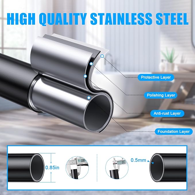 TEECK 2 Pack Shower Curtain Rod, 32-80 inch Adjustable Spring Tension Curtain Rod, Never Rust Anti-Slip Shower Curtain Rod for Bathroom, No Drilling, Never Collapse, Easy to Use, Black