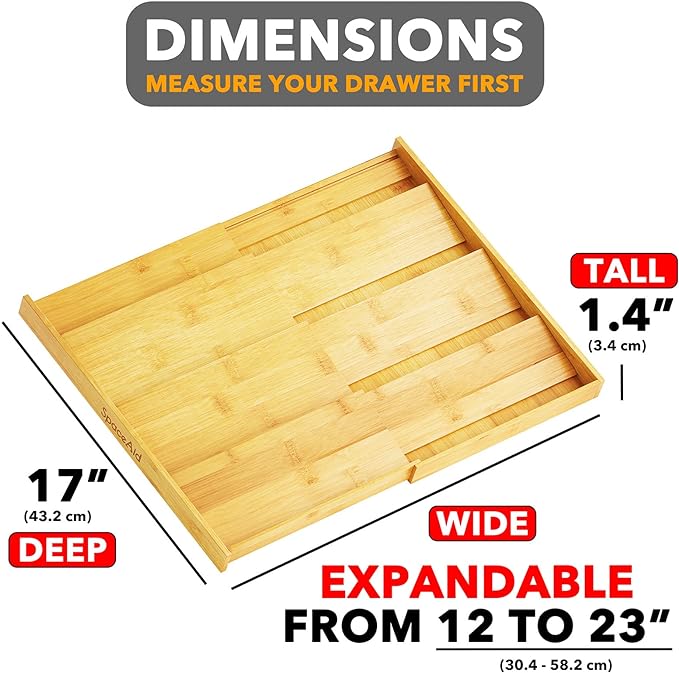 SpaceAid Bamboo Spice Drawer Organizer and Bamboo Drawer Dividers with Inserts and Labels, Kitchen Adjustable Drawer Organizers