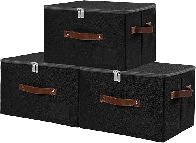 ANMINY Fabric Storage Box Bins with Zipper Lid, Washable Black, 3PCS | Cotton Linen Fabric, PP Board Frame, Label Holder, Stackable & Foldable, PU Handles, Dual-Zipper 3-Side Open Lid, Medium