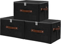 ANMINY Fabric Storage Box Bins with Zipper Lid, Washable Black, 3PCS | Cotton Linen Fabric, PP Board Frame, Label Holder, Stackable & Foldable, PU Handles, Dual-Zipper 3-Side Open Lid, Medium
