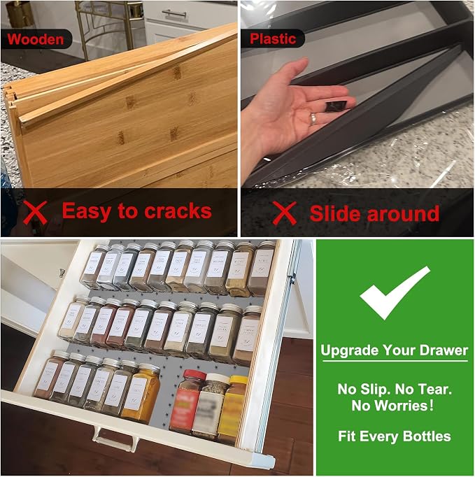 Gosmol Spice Drawer Organizer Insert - Silicone Spice Drawer Liner Grey | Adjustable non-slip silicone liner organizer; drawer spice organizer for seasoning jars, spice bottles drawer flat spice rack