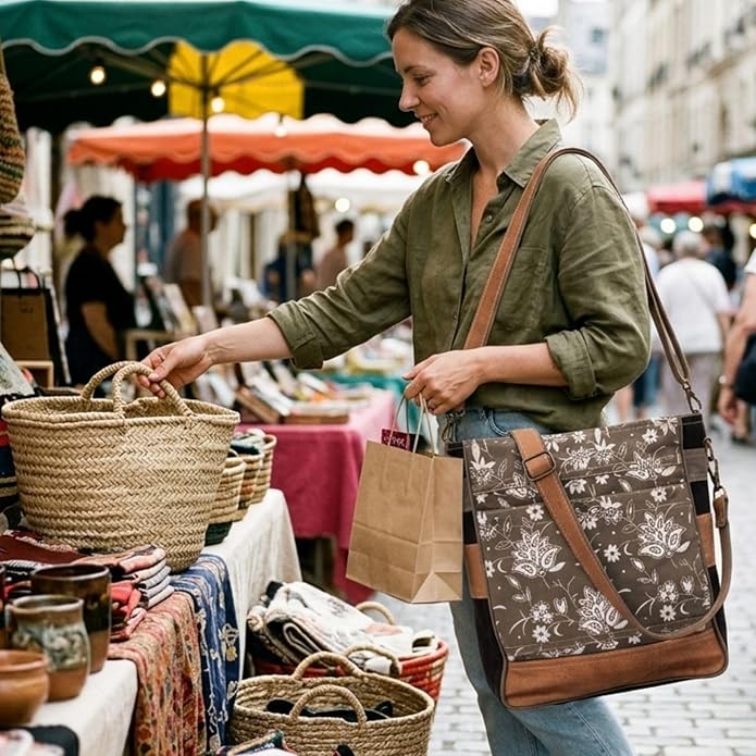 RAJERIYA Bags SEL de MER Upcycled Blossom Print Canvas & Leather Shoulder Bag, Canvas Crossbody Bags for Women