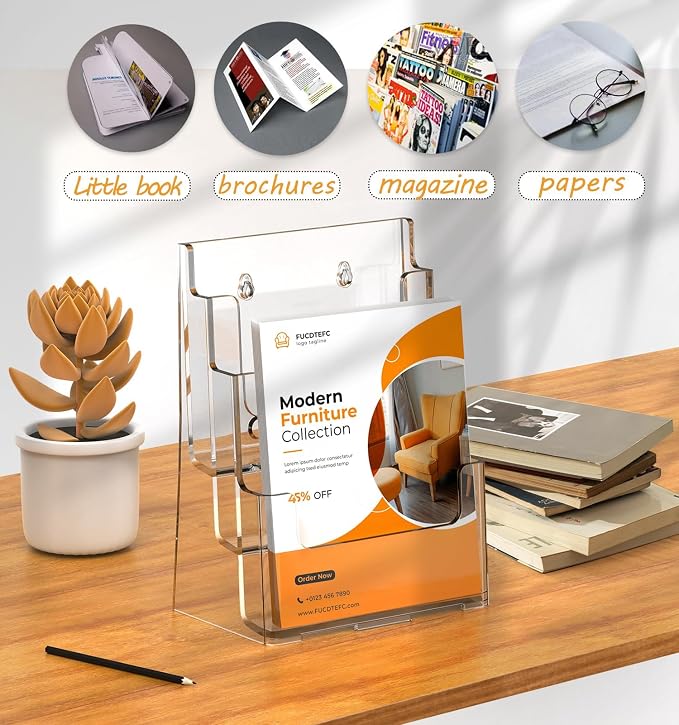 FUCDTEFC 2 Pack Acrylic Brochure Holder 8.5x11 & 4 x9 Inches Universal, Clear 3 Tier Magazine Stand Brochure Display Stand w Removable Divider, Literature Flyer Holder for Wall Mount or Countertop