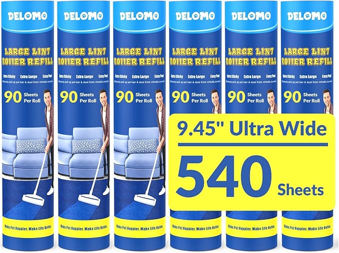 DELOMO 9.45” Large Lint Roller Refills, 6 Racks, 540 Extra Sticky Sheets | Sticky Roller Refills, Easy Tear Sheets, Compatible Only with DELOMO 9.45” Lint Roller, Floors, Carpets, Couches, Pet Hair