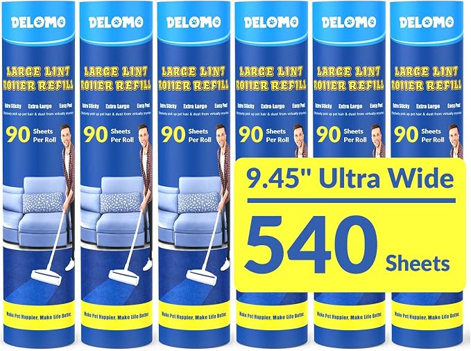 DELOMO 9.45 in Large Lint Roller Refills, 6 Packs, 540 Extra Sticky Sheets | Sticky Roller Refills, Easy Tear Sheets, Compatible Only with DELOMO 9.45” Lint Roller, Floors, Carpets, Couches, Pet Hair