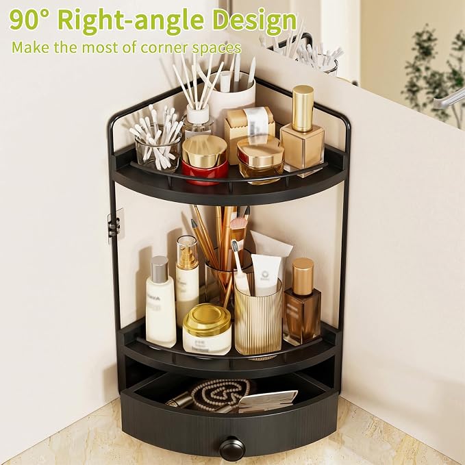 2-Tier Corner Bathroom Counter Organizer with Drawer, Black | Embedded Screw Holes, Wooden Countertop Organizers, Space-Saving, Bottom Ventilation Design, Counter Shelf for Vanity