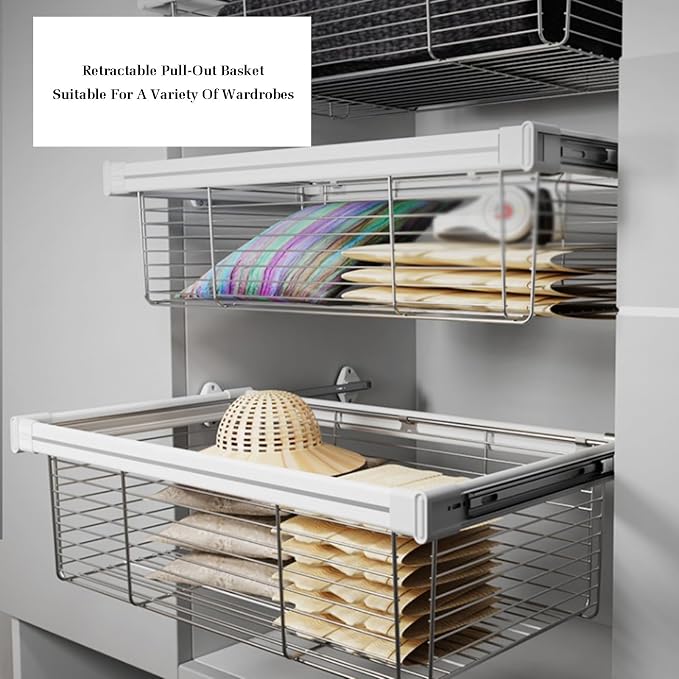 Pull Out Cabinet Storage Basket,Stackable Detachable Baskets Closet Storage Box,Telescopic Coat Drawer for Kitchen,for Kitchen Office Wardrobes Cupboard Storage(Black,464x456x205mm)