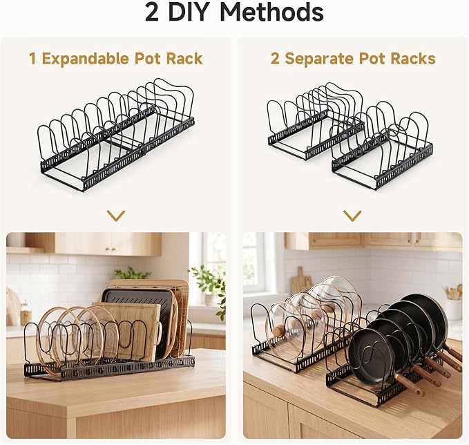 MUDEELA Pot Lids Organizer Rack for Cabinet, Expandable 11.81" to 22.85" Pot and Pan Organizer Holder with 12 Adjustable Dividers, Baking Cookie Sheet Bakeware Cutting Board Kitchen Storage Organizer
