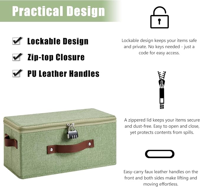 Storage Bins Boxes with Zipper Lid Combination Lock PU Leather Handles Cotton Linen Fabric Lockable Baskets DVD CD Case Foldable Closet Shelf Organizer Container (Light Green, 13"x 6"x 6")