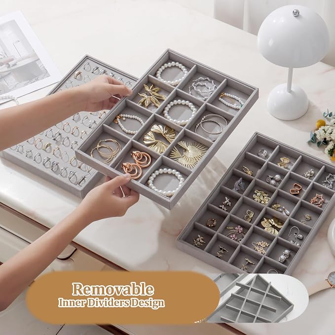 Large Stackable Jewelry Tray 4 Pack Velvet Jewelry Display Drawer Inserts Trays Organizer for Earring Bracelet Necklace Ring (Gray, 12 Grids)