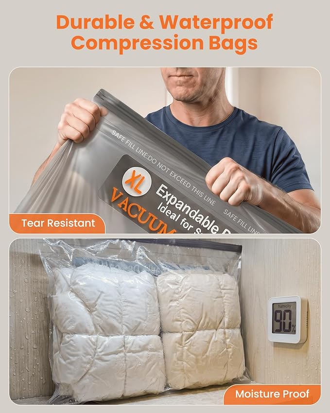 15 Pack XXL Vacuum Storage Bags with Rechargeable Cordless Pump, Vacuum Seal Bags for Clothing, Bedding, Blankets, Pillows and Comforters, Space Saver Compression Bags for Luggage Packing and Moving
