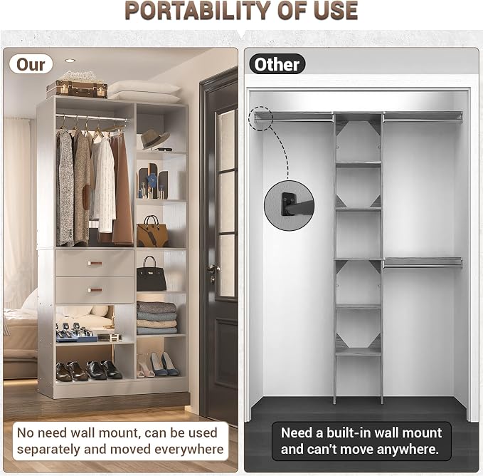 Armocity Freestanding Closet System, 40 Inches Stand-Alone Wardrobe with 10 Shelves, 80'' Height Adjustable Cloth Garment Rack with 2 Wood Drawers, Wood Walk-in Closet with Hanging Rod, Grey