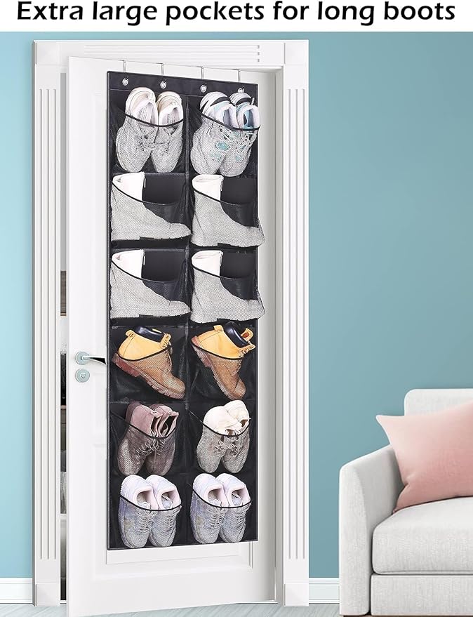KIMBORA Boots Hanging Shoe Organizer for Closet 12 Extra Large Mesh Pockets Over The Door Shoe Rack for Men Shoes Size 16, Black