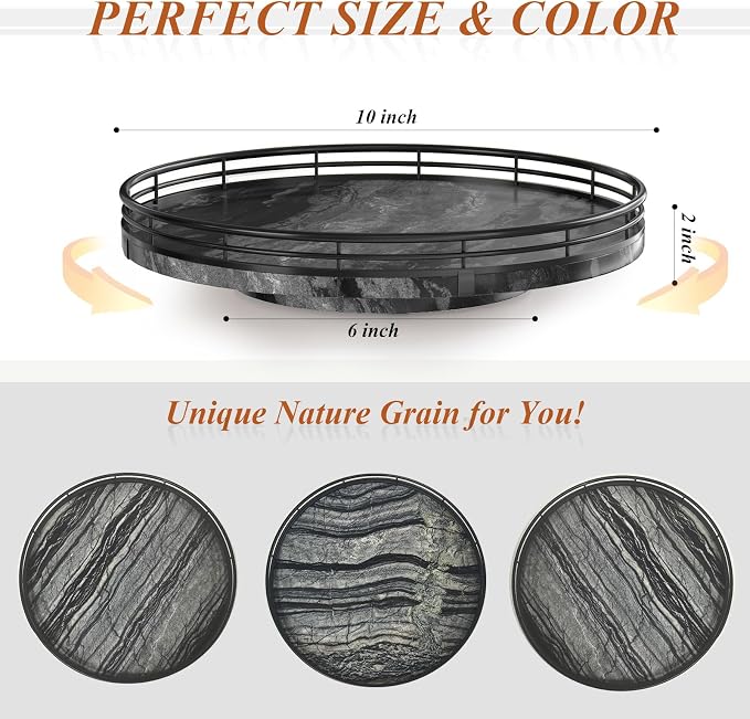 Marble Lazy Susan Turntable for Table Top – 10” Round Ancient Wood Grain Marble Tray Organizer for Dining Table, Kitchen Countertop & Bar, Luxury Stone Serving Tray with Black Iron Frame