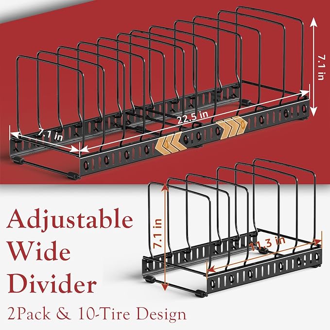 HzTinT Cutting Board Organizer Rack for Cabinet, Expandable 11.3"-22.5" Adjustable Divider Cutting Board Holder and Pot Lid Organizer, Kitchen Cabinet Organizer for Bakeware, Black