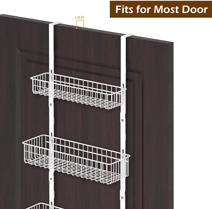 OYEAL 3-Tier Over the Door Hooks Organizer Metal Door Back Baskets | Heavy Duty Hanging Door Storage Organizer with 3 Baskets, 5 Hooks for Kitchen, Bathroom, Office, White