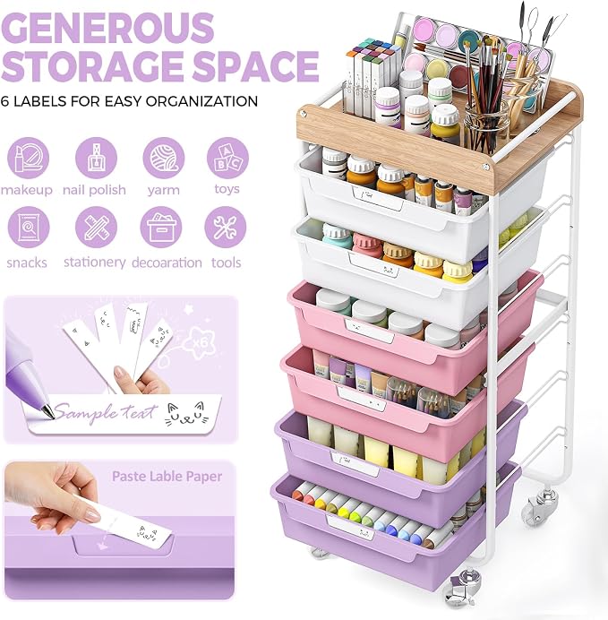 SYKIARIOL Utility Cart with 6 Labeling Drawers and Wooden Tabletop – Rolling Storage Cart for Crafters, Artists, Kids, Teachers, and Students – Organize Arts, Crafts, Sewing & Study Supplies