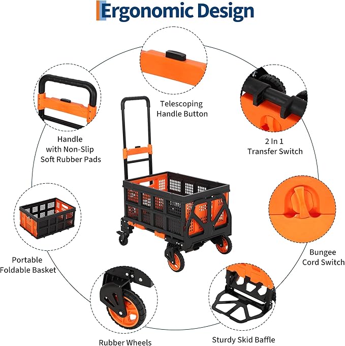 Versatile 2-in-1 Folding Hand Truck Dolly – Collapsible Basket, Retractable Handle, 4 Wheels – Heavy Duty Moving and Shopping Platform, 330 Lb Capacity, Foldable and Compact for Easy Storage
