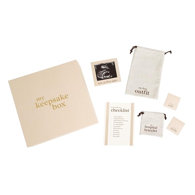 Pearhead My Keepsake Box, Baby Milestone Keepsakes | Linen Wrapped Family Heirloom Storage Box, Complete Baby Organizer Set, 10" x 10"