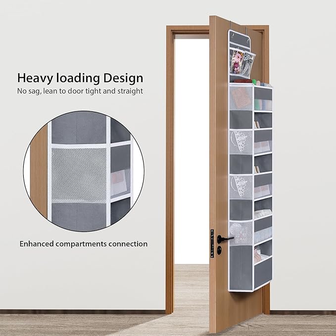 Univivi Over Door Hanging Organizer Storage with 5 Large Pockets and 2 Small PVC Pockets for Cosmetics Wall Hanging Storage Organizer for Pantry Baby Nursery Bathroom Closet Dorm(Grey)