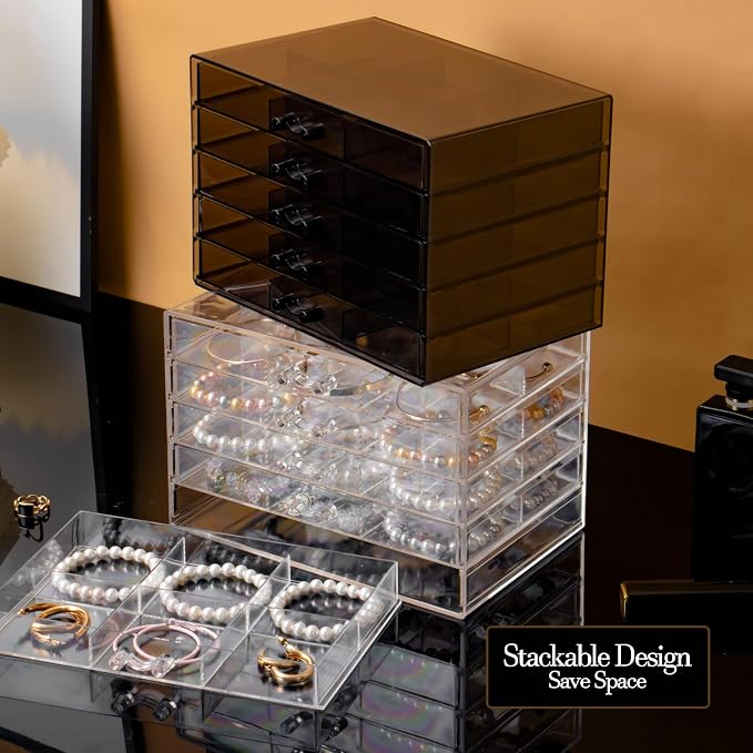 SPAKOWN Earring Organizer, Acrylic Earring Box Large 30 Compartments Jewelry Holder Organizer with 5 Drawers Stackable Earring Bracelet Storage Case Jewelry Boxes for Women (Black)
