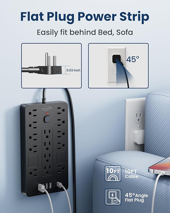 JouleLoom Surge Protector Power Strip-14 Outlets and 6 USB Ports, 15 Feet Flat Plug Extension Cord, 1850 Joules, Black, ETL Listed for Home, Office, Dorm Room