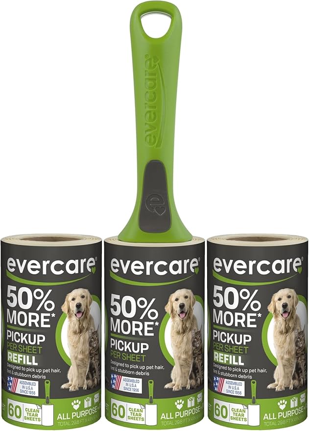 Evercare All Purpose Pet Hair Lint Roller with 2 Refills,180 Sheets –Reusable Sticky Roller for Pet Hair,Cat & Dog_Hair Remover,Lint Remover,Pet_Hair_Remover for Furniture,Clothing & Cars (Pack of 6)