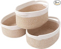 JMvicyroam Woven Basket,Small Rope Storage Bin with Handles & Ribbon Bag, Organizer for Shelves Closets,Gift Basket Empty for Birthday,Books,Dog Toys, White&Brown Block/3 Pack