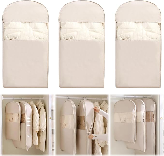 3PCS Space Saving Hanging Garment Bag with Self Compression Zipper, Compression Space Saver Closet Storage Organizers, Dust Cover Clothes Bags for Down Coat (Beige,Large)