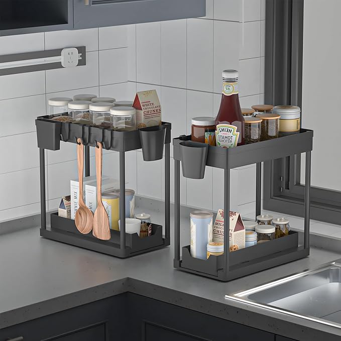 2 Pack Under Sink Organizer, 2 Tier Cabinet Organizer for Bathroom & Kitchen with Sliding Basket, Multi-Purpose Under Sink Organizers and Storage, Black