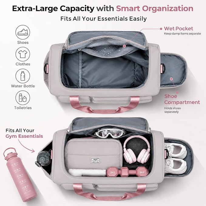 FIORETTO Women's Gym Duffle Bag with Shoes Compartment, 30L Capacity, Ideal for Travel, Gym, Sports, Duffel, Weekender