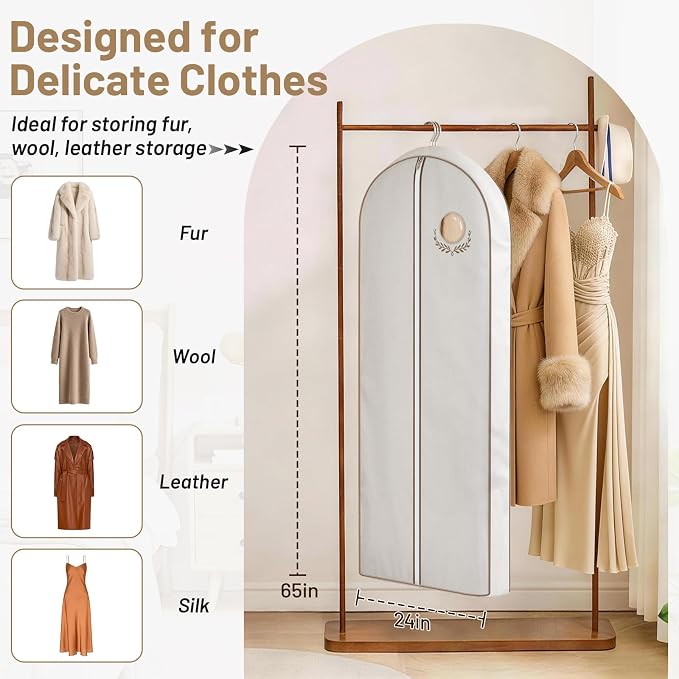 MISSLO 65" Cotton Garment Bag for Long Dress Breathable Fur Coat Storage Bag Women Dress Cover Luxury Garment Bags for Hanging Clothes Travel for Fur Coat, Jacket, Gown, Suit