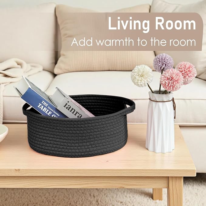 JMvicyroam Woven Basket,Small Rope Storage Bin with Handles & Ribbon Bag, Organizer for Shelves Closets,Gift Basket Empty for Birthday,Books,Dog Toys, Black/2 Pack
