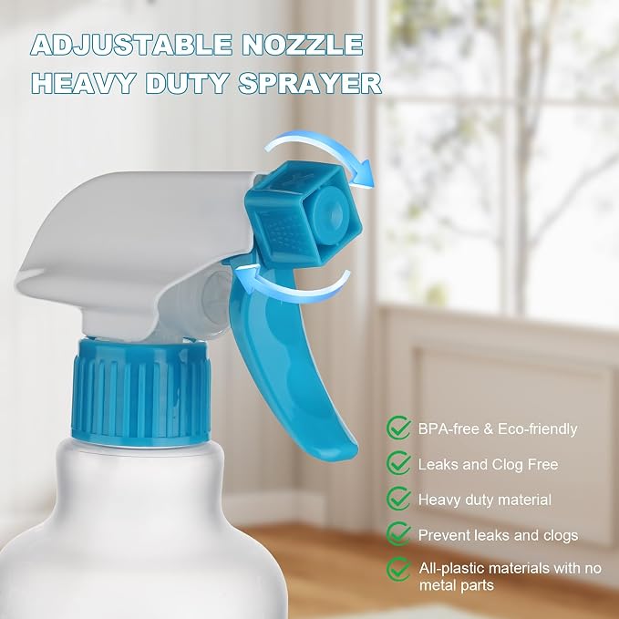 16.9oz/500ml Plastic Spray Bottles 2 Pack, Adjustable Mist Stream | Heavy Duty refillable spray containers for plant care, hair mist and household cleaning