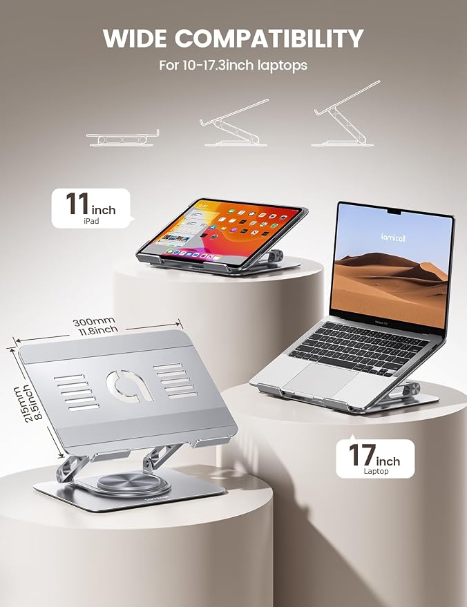 Lamicall Adjustable Laptop Stand for Desk 360° Rotating Base for 10-17.3'' | Aluminum Laptop Riser, Ergonomic Computer Stand Foldable Protable fits MacBook Neo Air Pro Dell HP Lenovo Office Home Sliver