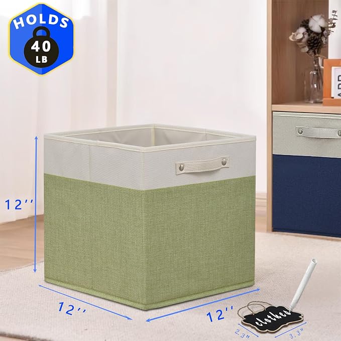 12 x 12 storage cubes,Collapsible Fabric Storage Cubes with Labels 4 Pack,Linen Cube Storage Organizer Bins with Cotton Handles for Home,Nursery,Clothes,Cabinet, Shelves and Closet(White green).