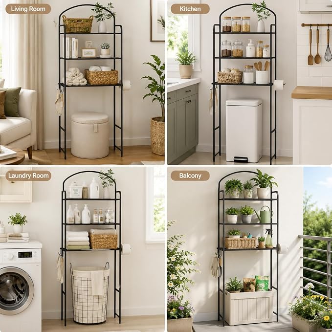 3 Tier Over The Toilet Storage Rack, Bathroom Organizer | Toilet Storage with 4 Hooks & Paper Holder, Space-Saving, Freestanding Bathroom Shelf, Metal, Black