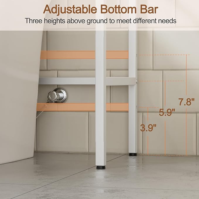 3 Tier Over The Toilet Storage Rack, Bathroom Organizer | Toilet Storage with 4 Hooks & Paper Holder, Space-Saving, Freestanding Bathroom Shelf, Metal, White