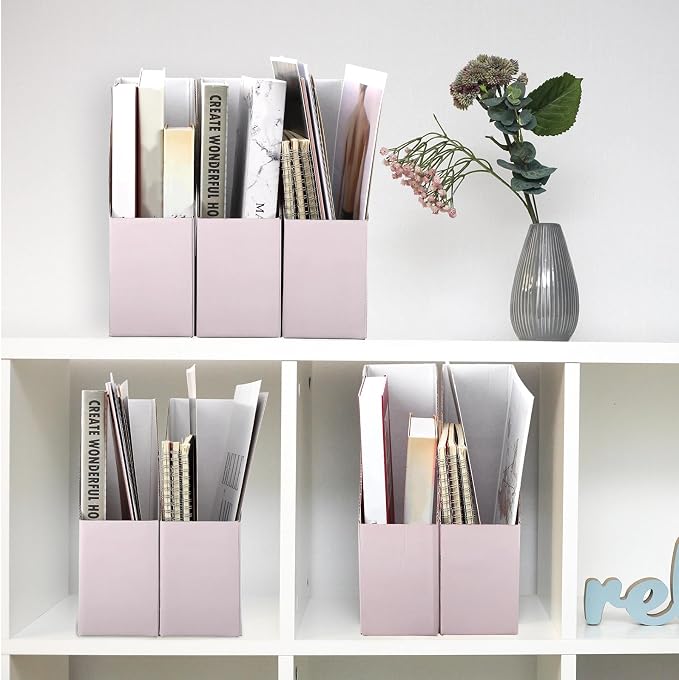 Teling 15 Pack Pink Magazine File Holder, 10.6" H x 10.2" L x 3.5" W, Foldable Cardboard Document Storage Box for Shelves, Book Bin Desk Organizer for Office Home Classroom