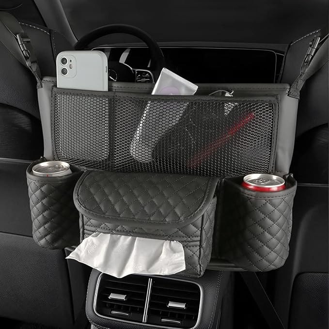 XINLIYA Car Handbag Holder Between Seats, PU Leather Multi-Pocket Large Capacity Purse Holder, Auto Net Bag Barrier of Backseat Pet Kids, Car Seat Organizers and Storage for Cargo Tissue Cup（Black）