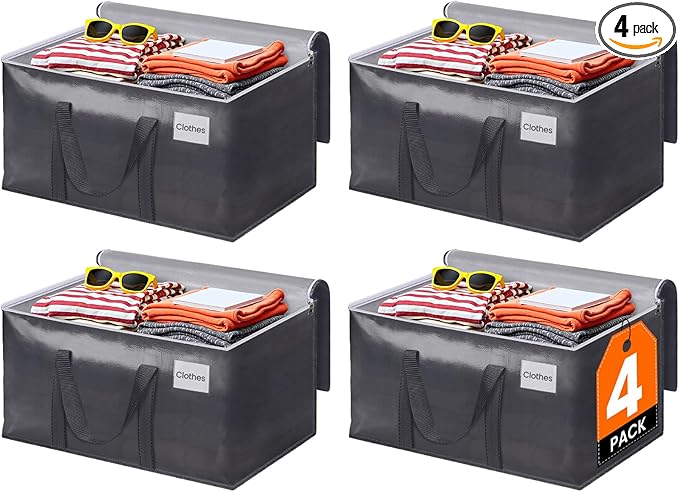 ElegantArray 4 Pack Moving Bags Heavy Duty, Moving Boxes, Storage Bags with Zipper & Handles & Tag for College & Dorm Moving Supplies Grey Laundry Hamper Bag, Foldable Space-saving Totes (76L, Grey)