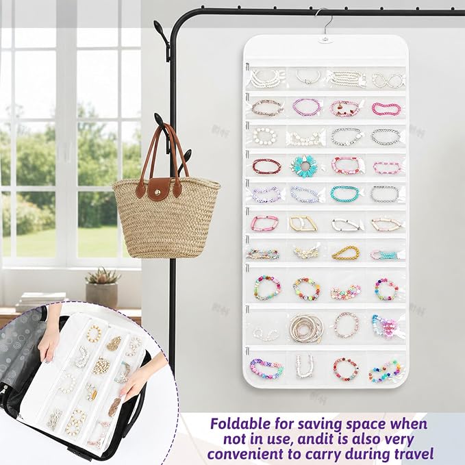 2 Pack Hanging Jewelry Organizer with 80 Zippered Pockets (White) | Dual-Sided Dustproof Foldable for Travel, Accessories Organizer for Holding Jewelries, Earring Organizers and Storage