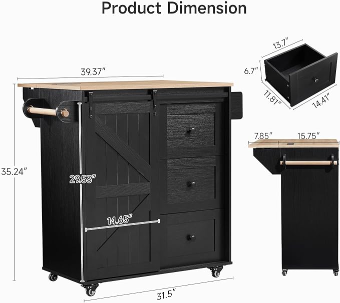 ONBRILL 31.5" Farmhouse Kitchen Island with Drop Leaf & Power Outlet, Rolling Kitchen Cart with Sliding Barn Door, Portable Island Table with 3 Drawers, Spice Rack & Towel Holder