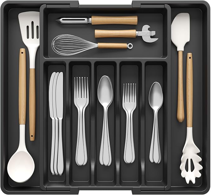 Lifewit Silverware Drawer Organizer, Expandable Utensil Tray for Kitchen, BPA Free Flatware and Cutlery Holder, Adjustable Plastic Storage for Spoons Forks Knives, 33 -57 x 42cm, Black