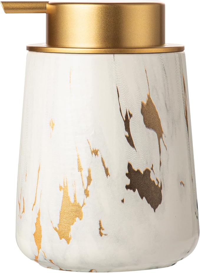 Enra Ceramic Soap Dispenser, 12 oz Gold Marble Hand Lotion Dispenser, Wide-Mouth Refillable Dish Soap Dispenser, Modern Liquid Soap Dispenser for Kitchen & Bathroom Countertop Decor
