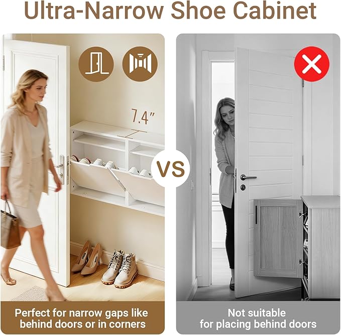 Haotian Wall Mounted Slim Shoe Cabinet for Entryway | Narrow Shoe Rack with 2 Flip Drawers, Hidden Shoe Storage Organizer, Anti-Tip Design, White, FSR210-W