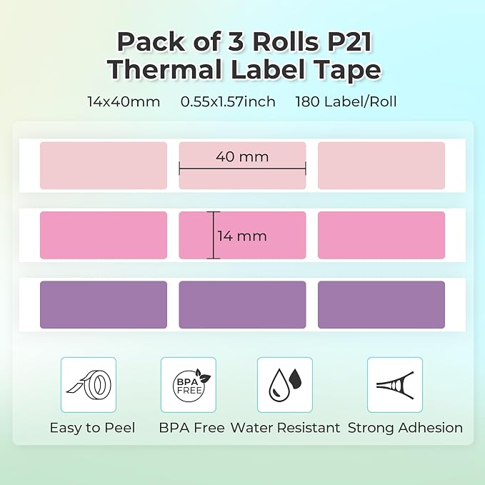 NELKO Genuine P21 Label Maker Tape,14x40mm, 3-Roll, Purple/Rose/Pink | Easy to Peel, BPA-Free, Strong Adhesion, Water-Resistant & Oil-Proof, Great for School, Office, Home, Kitchen, Black on White