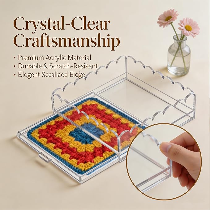 2 Pcs Acrylic Tray with Insert, 5" x 5" Clear Acrylic Tray with Drawer, for Insert Needlepoint, Photos, Art, Fabric, Napkin, Messages Display Basket, Decorative Tray Gift for Home Office